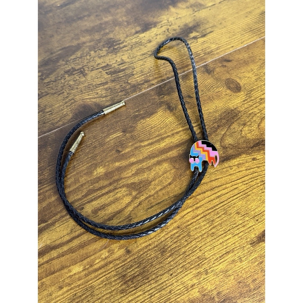 Laurel Burch Rainbow Aztec Cat Black Braided Leather Cord Bolo Tie Rare